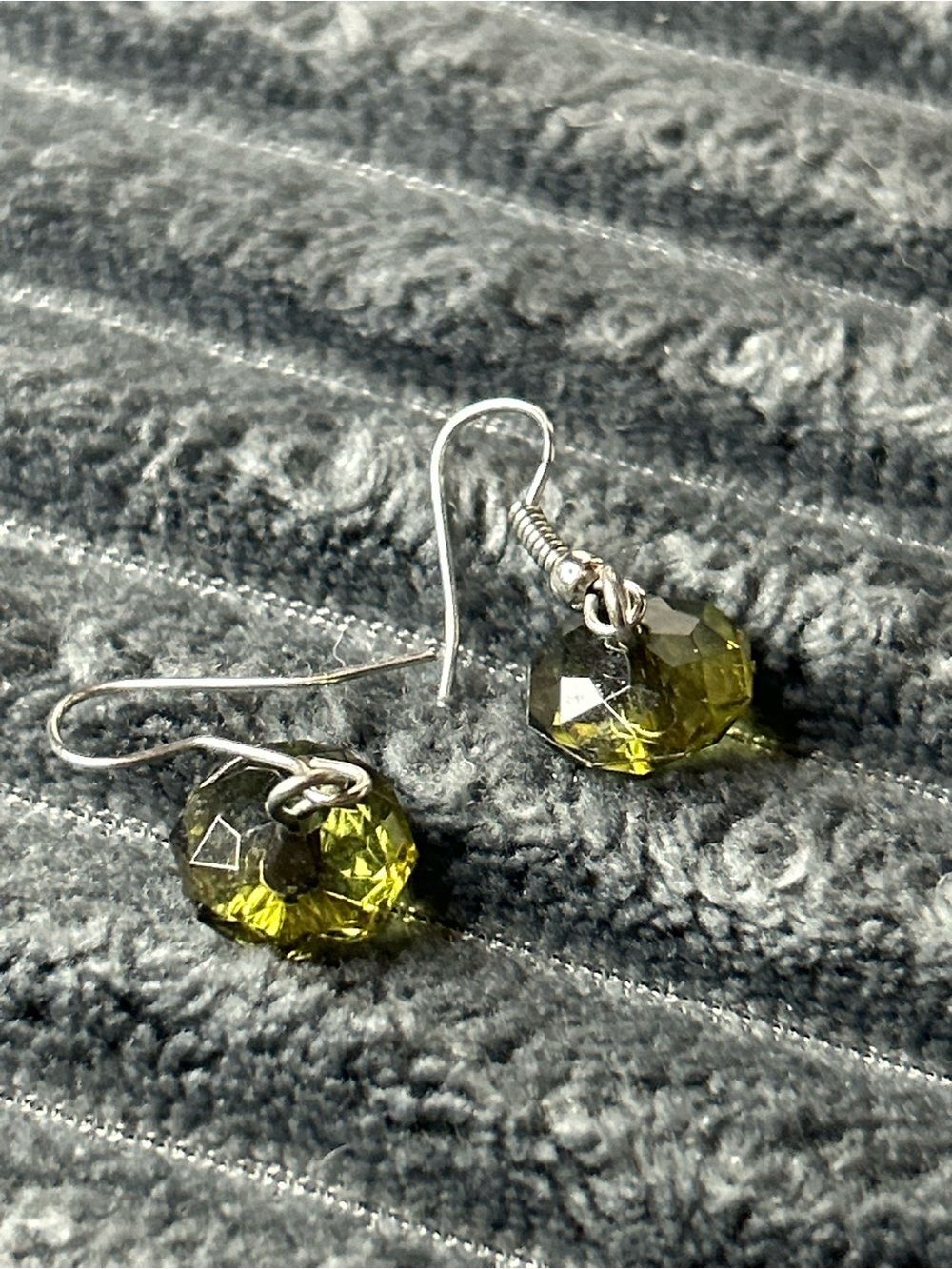 Olive Green Faceted Glass Crystal Dangle Drop Earrings
